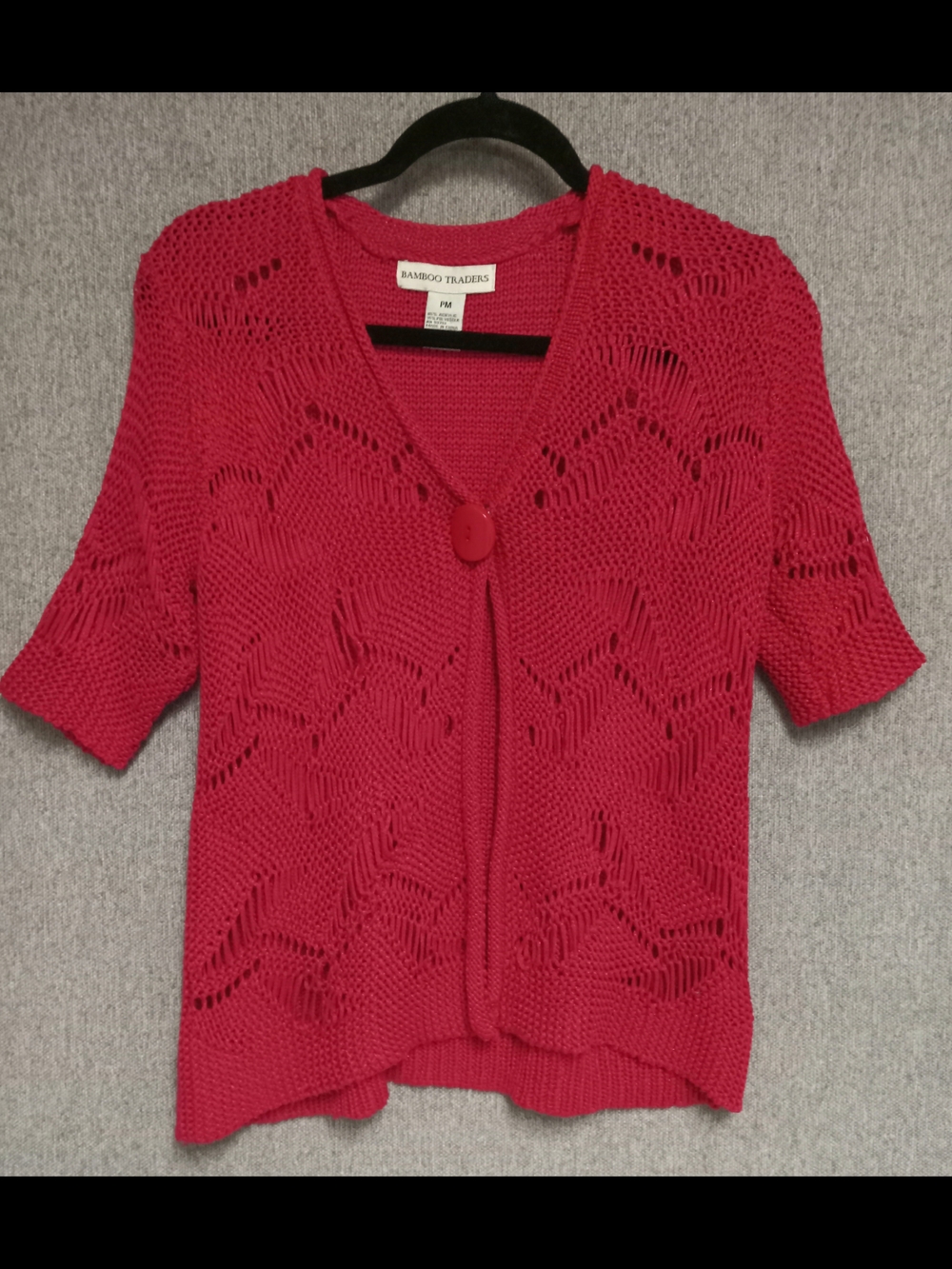 Bamboo Traders Women's Coral-Red Openwork Knit Short-Sleeve Cardigan